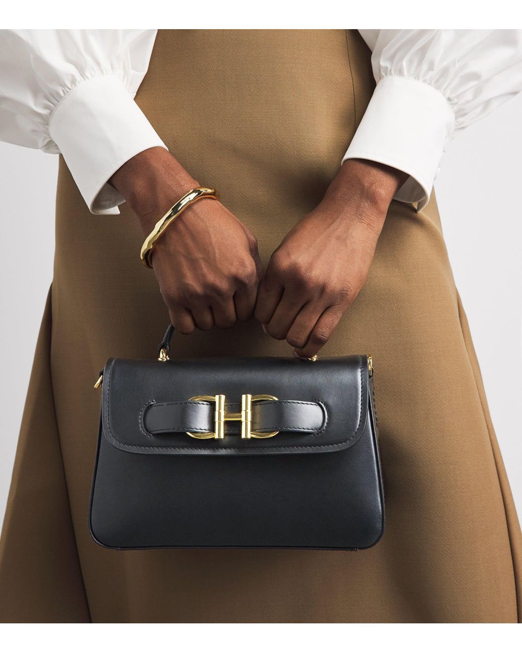 Harrods Black Leather Snaffle Top-Handle Bag