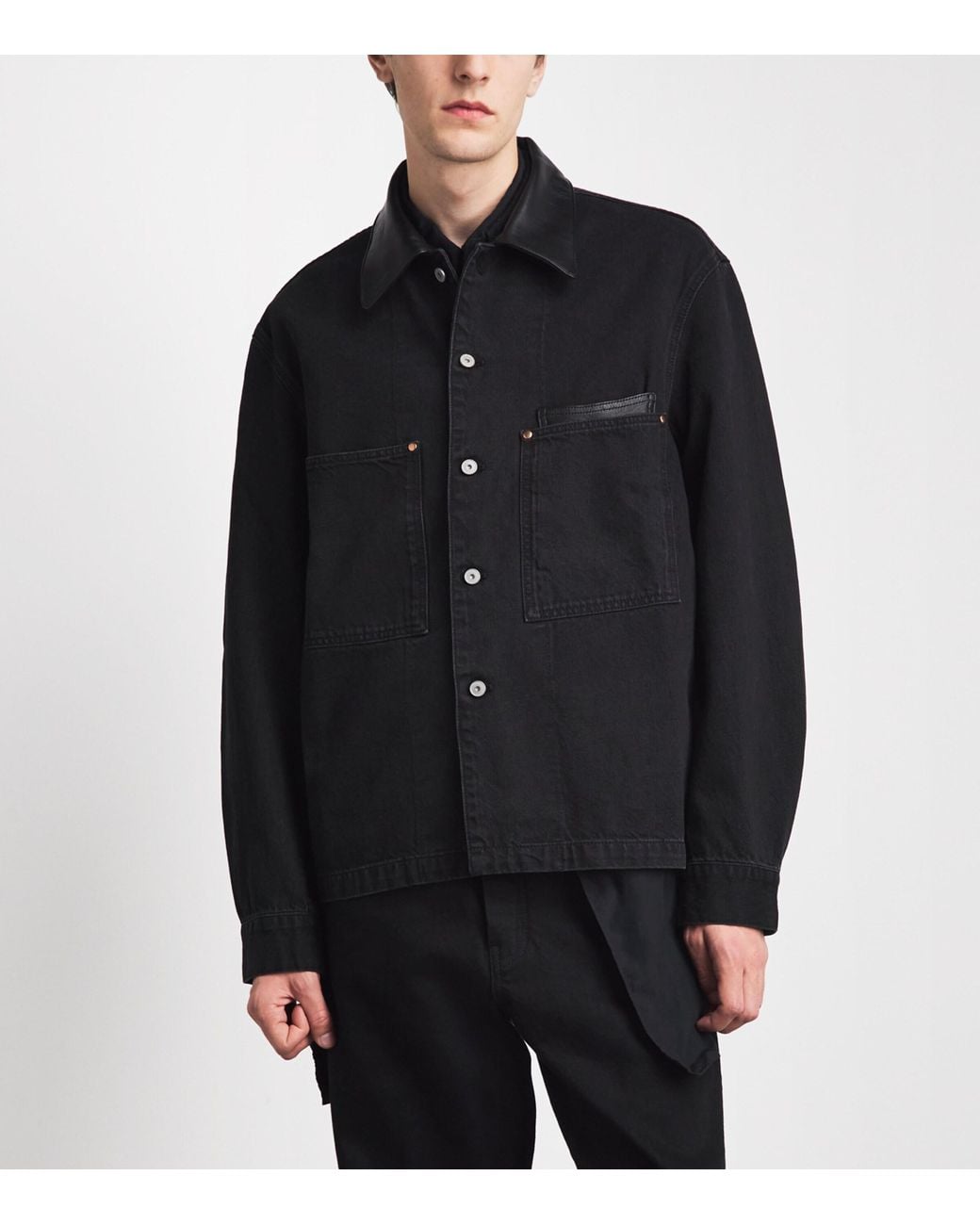 Lemaire Black Leather-Collar Workwear Denim Overshirt for men