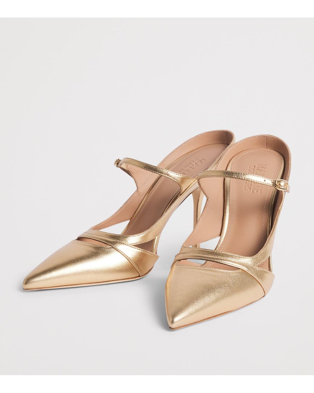 Malone Souliers Natural Metallic Leather Patty Heeled Mules 90