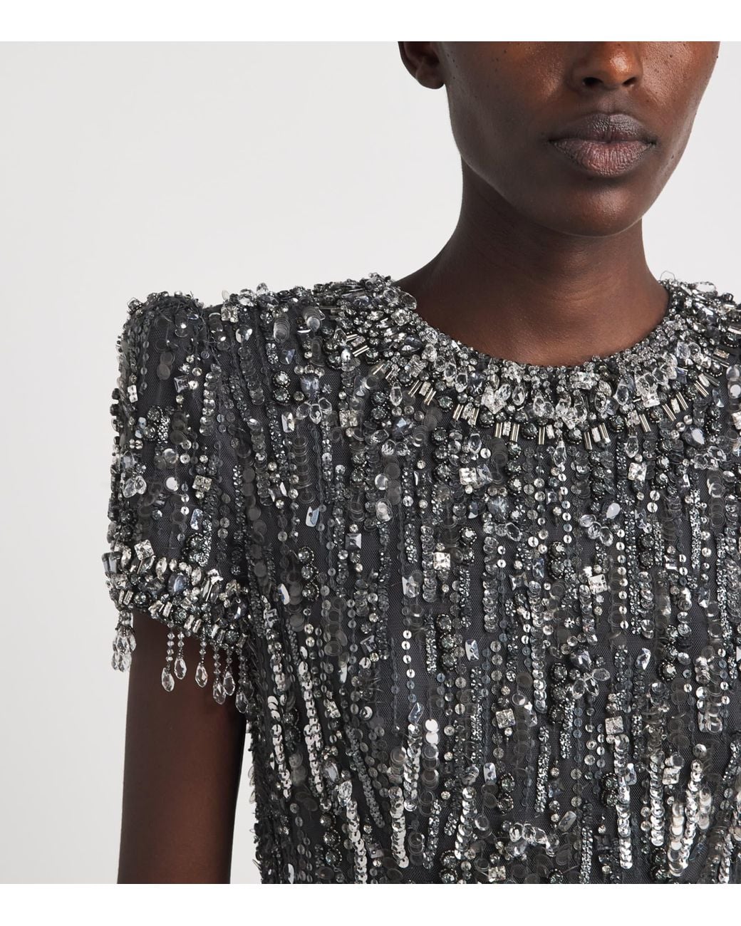 Jenny Packham Gray Short-Sleeve Rhinestone Maxi Dress
