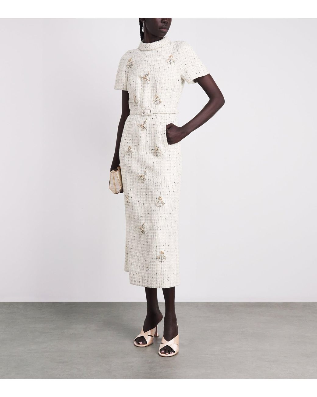 Huishan Zhang White Tweed Genevieve Midi Dress