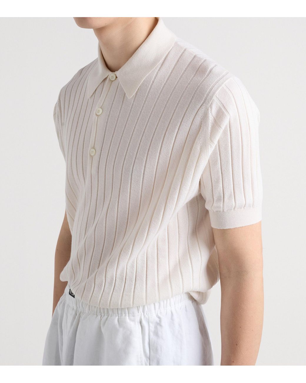 Prada White Cashmere-Silk Ribbed Polo Shirt for men