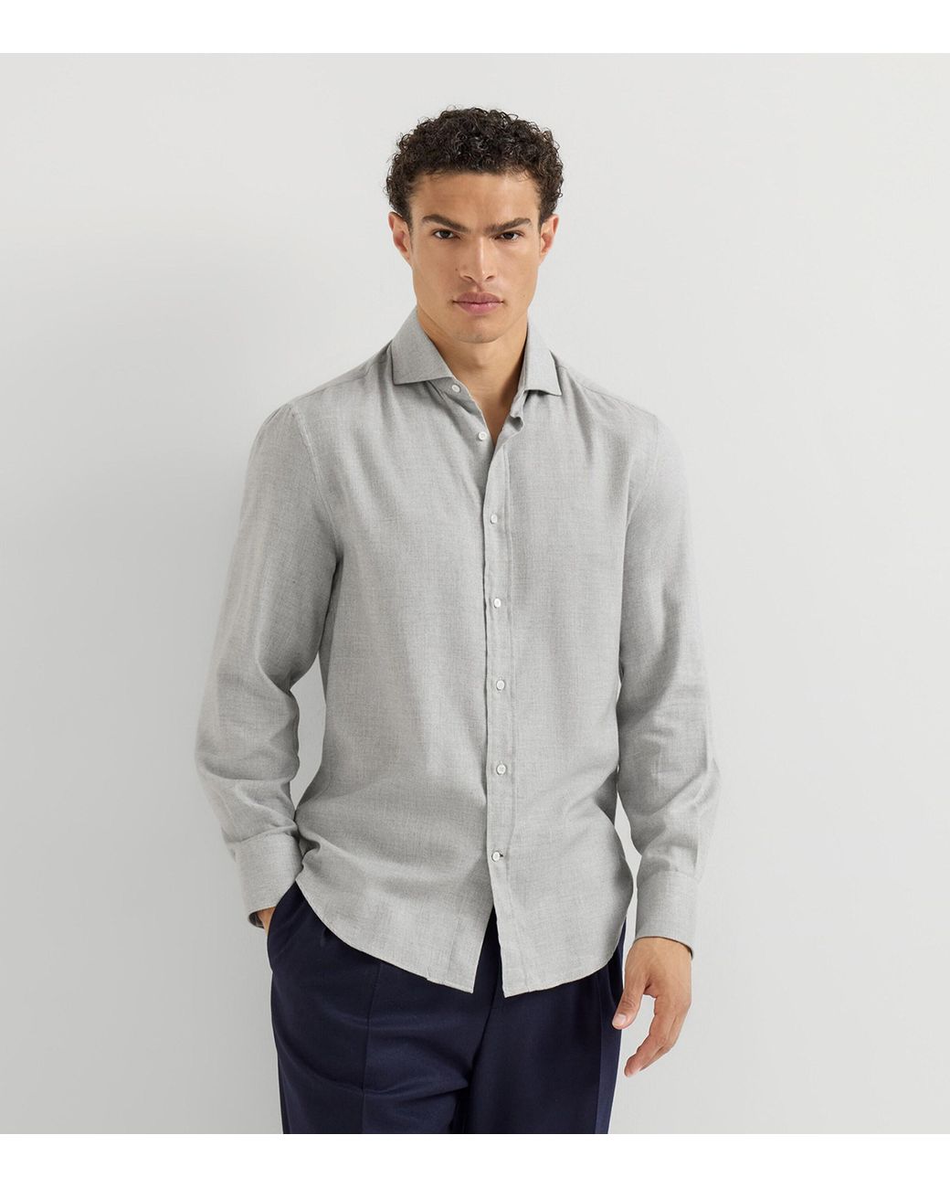 Brunello Cucinelli Gray Cotton-Blend Chevron Flannel Shirt for men