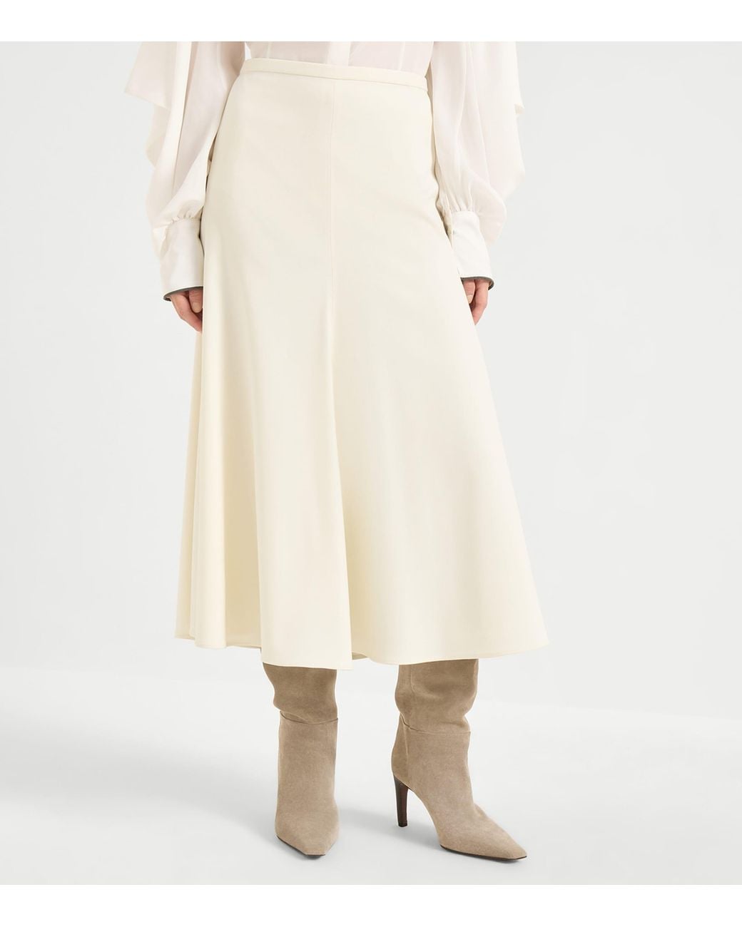 Brunello Cucinelli White Virgin Wool Fluted Midi Skirt