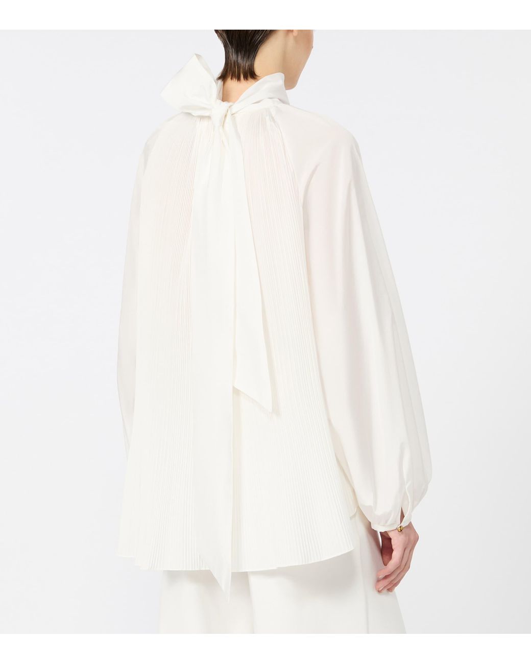 Max Mara White Pleated Pussybow Blouse
