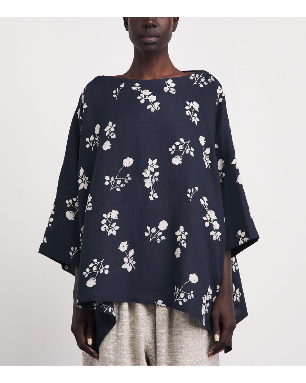 Eskandar Blue Linen Floral Boat-Neck Blouse
