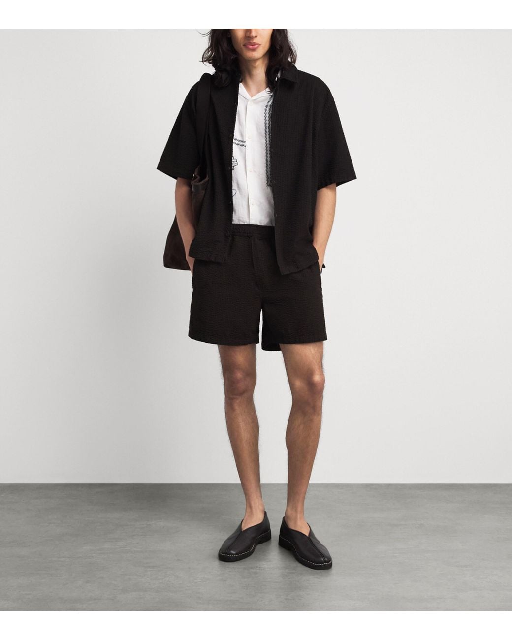 Wax London Black Cotton Seersucker Mescal Shorts for men