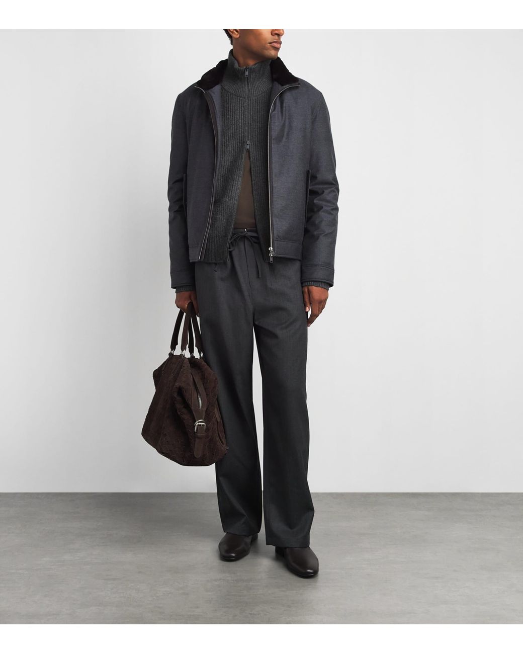 Yves Salomon Gray Wool-Cashmere Ribbed High-Neck Cardigan for men