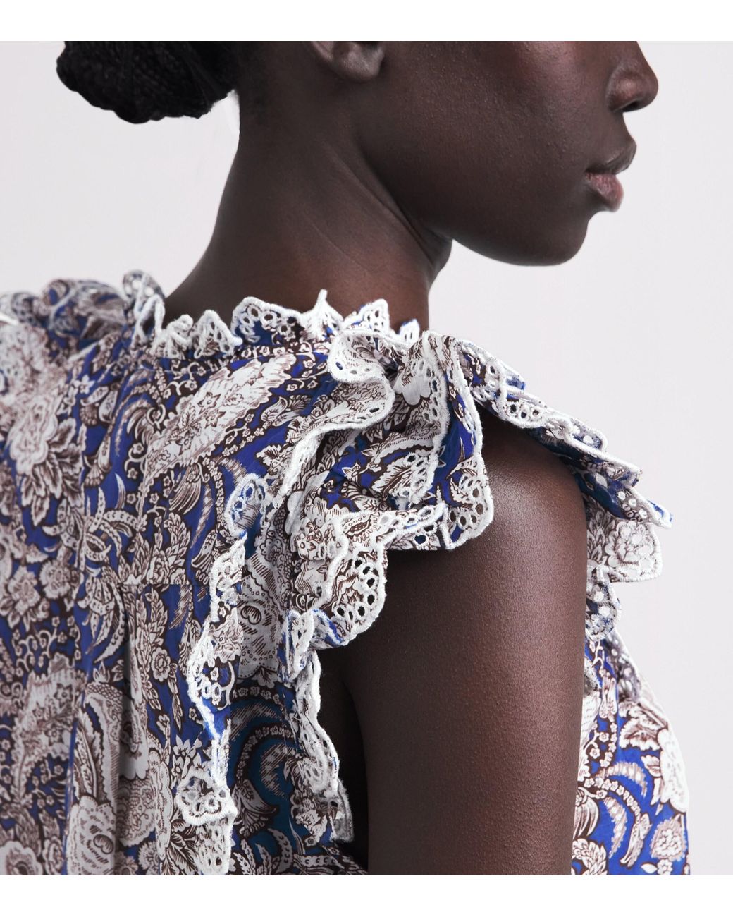 ME+EM Blue Cotton Ruffle Printed Blouse