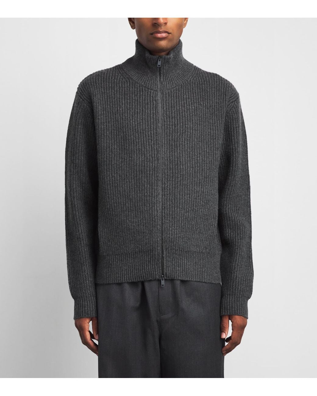 Yves Salomon Gray Wool-Cashmere Ribbed High-Neck Cardigan for men