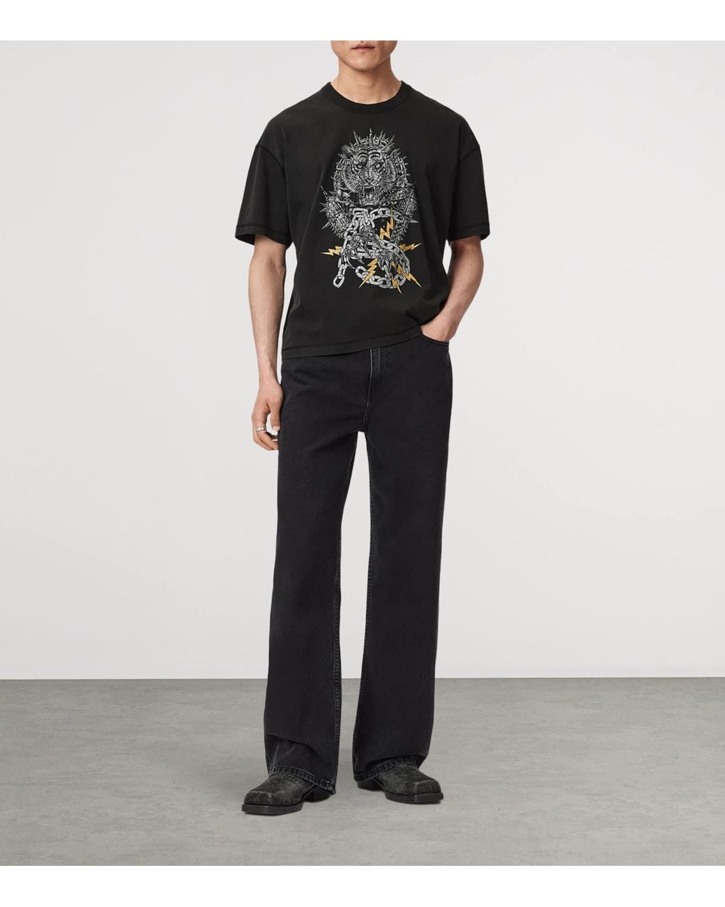 AllSaints Black Cotton Iron Tiger T-Shirt for men