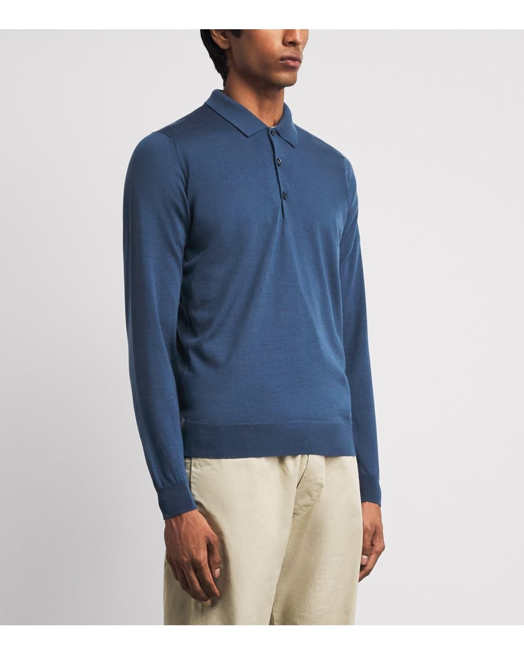 John Smedley Blue Merino Wool Long-Sleeve Polo Shirt for men