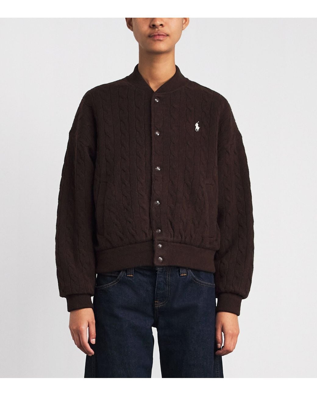 Polo Ralph Lauren Brown Wool-Cashmere Cable-Knit Bomber Jacket