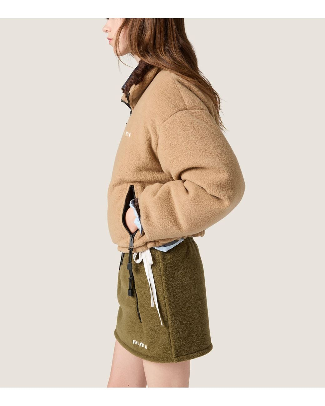 Miu Miu Natural Teddy Funnel-Neck Puffer Jacket