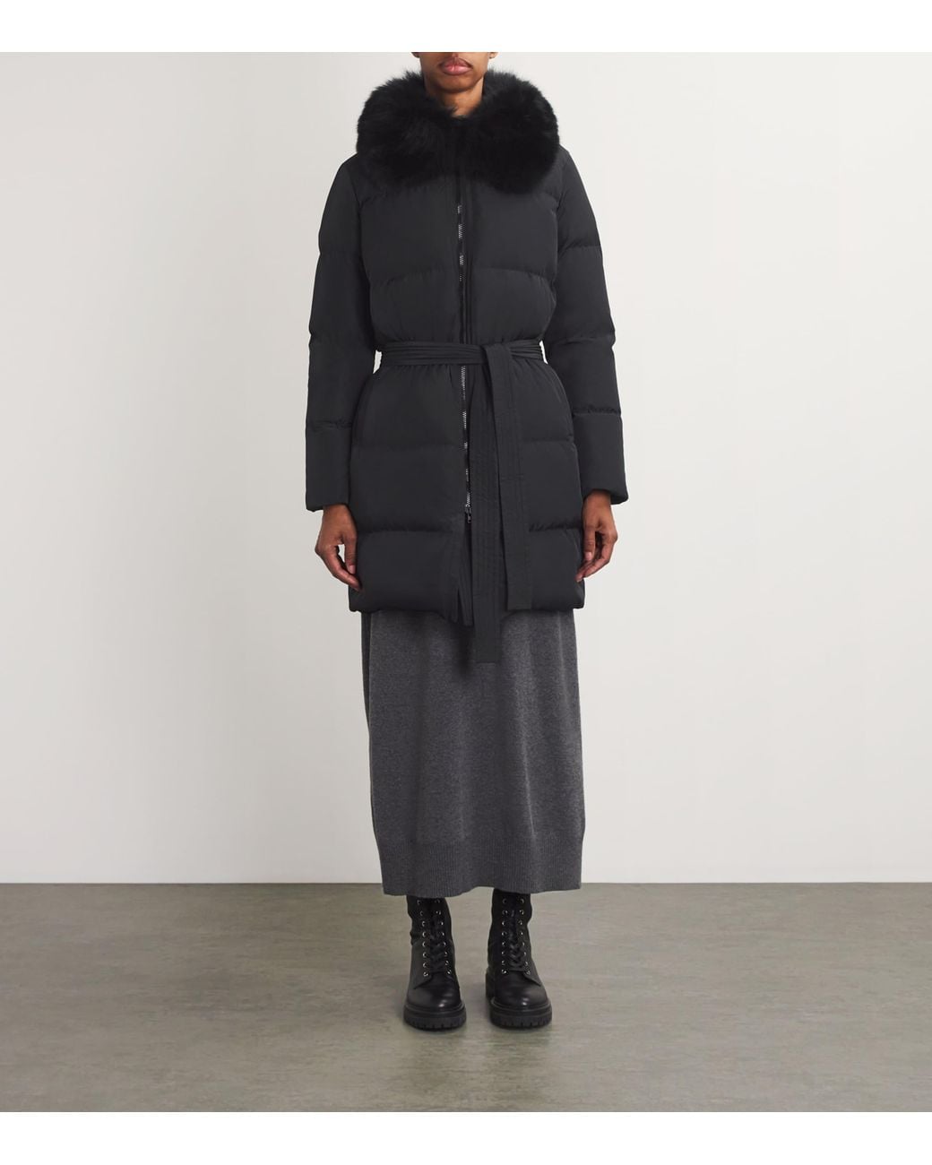 Yves Salomon Black Fur-Trim Down Coat With Mittens