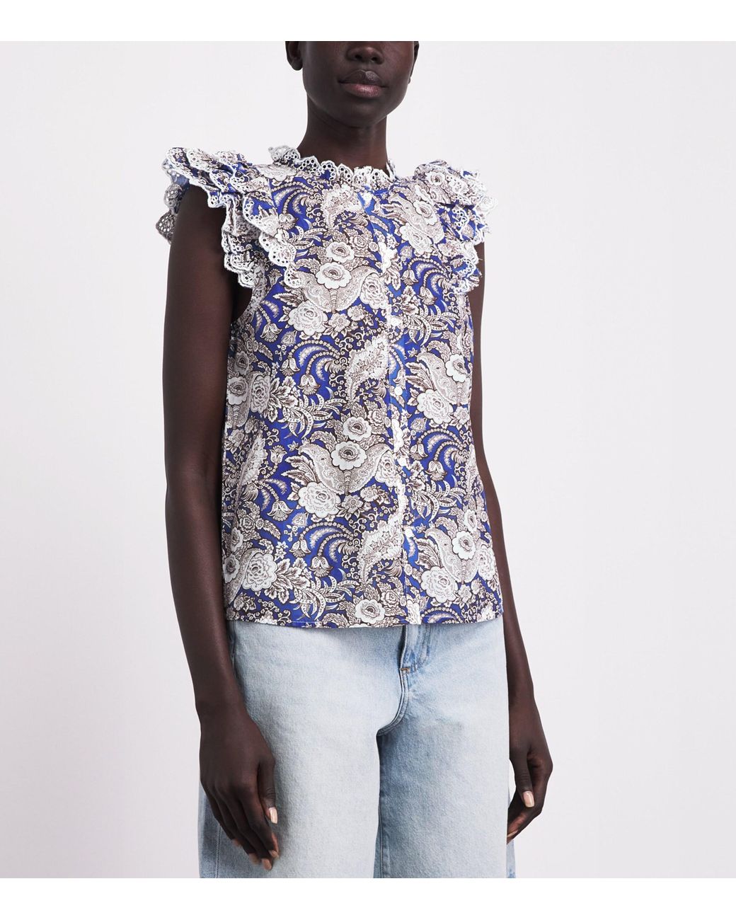 ME+EM Blue Cotton Ruffle Printed Blouse