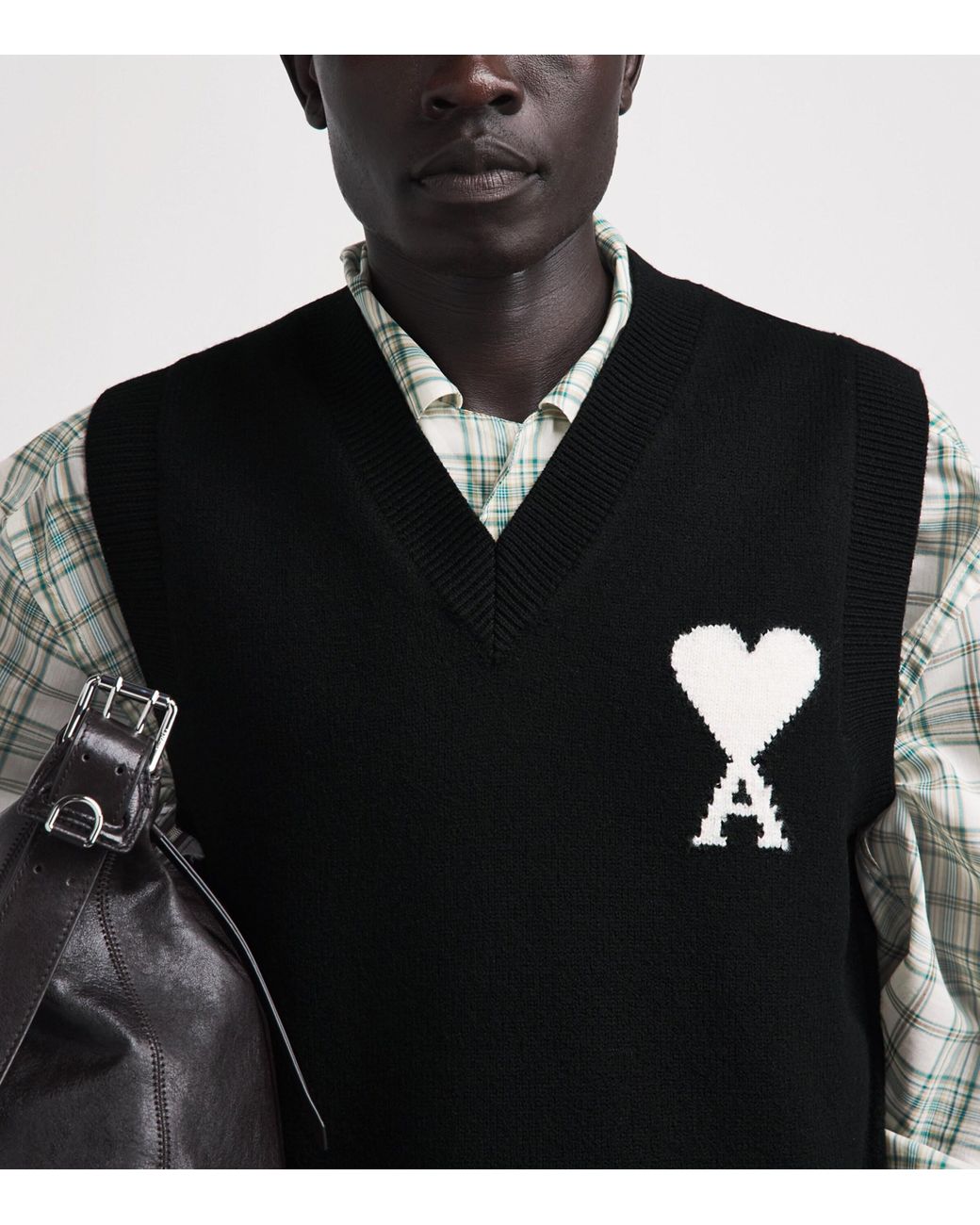 AMI Black Wool Logo Sweater Vest for men
