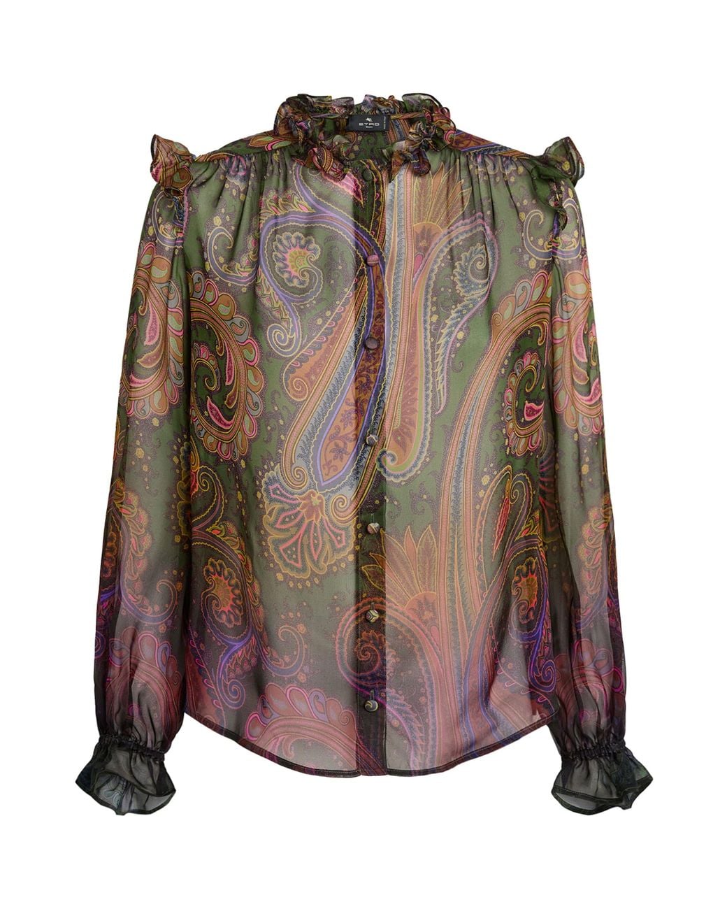 Etro Brown Silk Ruffle Paisley Blouse