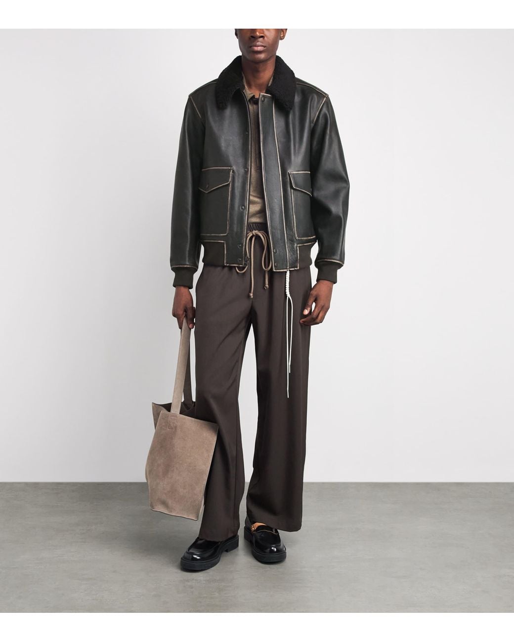 Rag & Bone Black Leather Shearling-Collar Bomber Jacket for men