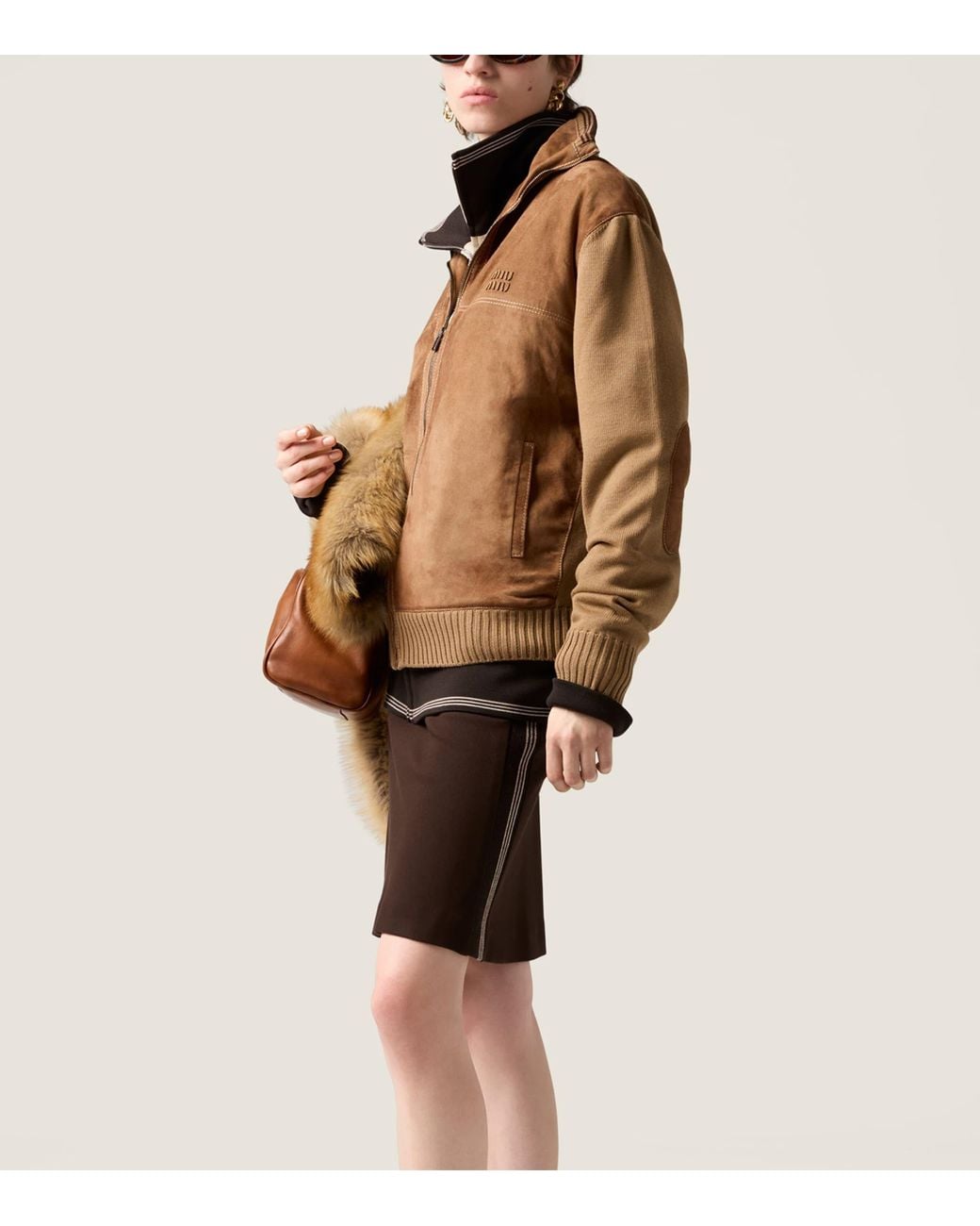 Miu Miu Brown Wool-Leather Zip Cardigan
