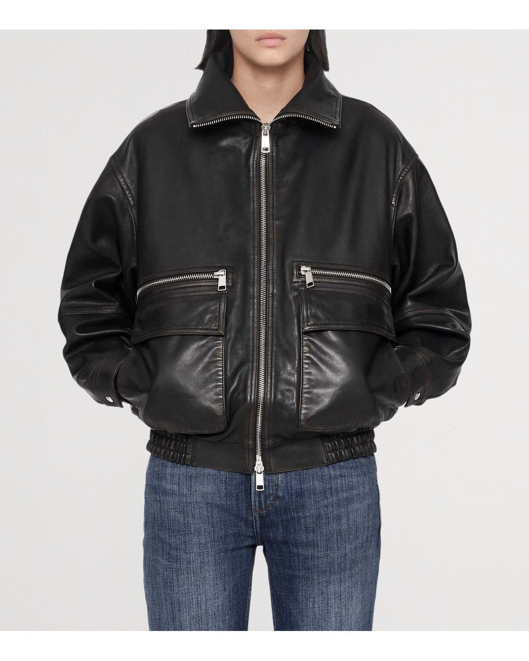 AllSaints Black Leather Elisa Bomber Jacket