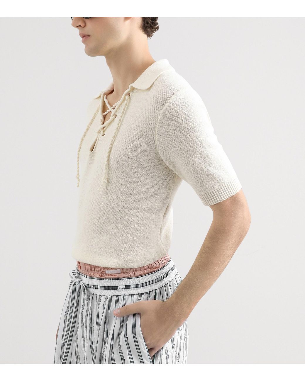 Dolce & Gabbana White Cotton-Blend Serafino Drawstring Polo Shirt for men