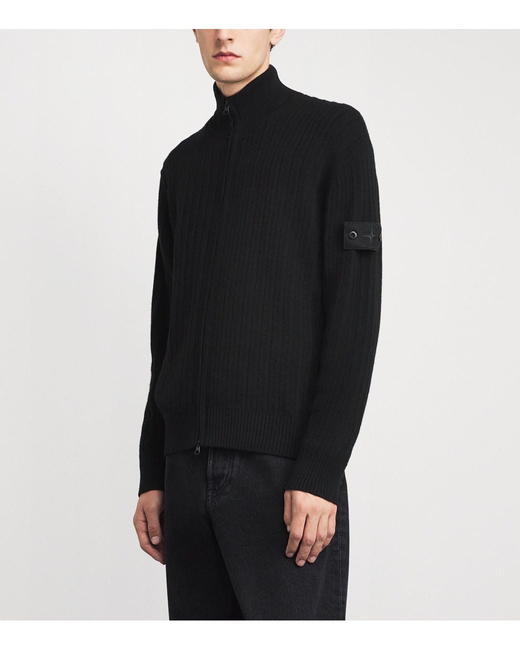 Stone Island Black Wool-Cashmere Zip-Up Cardigan for men