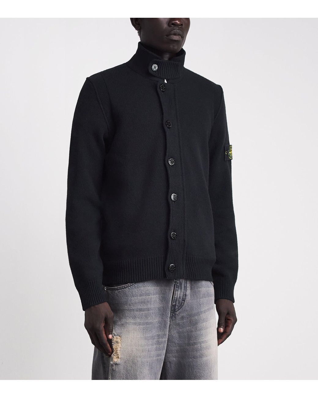Stone Island Blue Lambswool Stand-Collar Cardigan for men