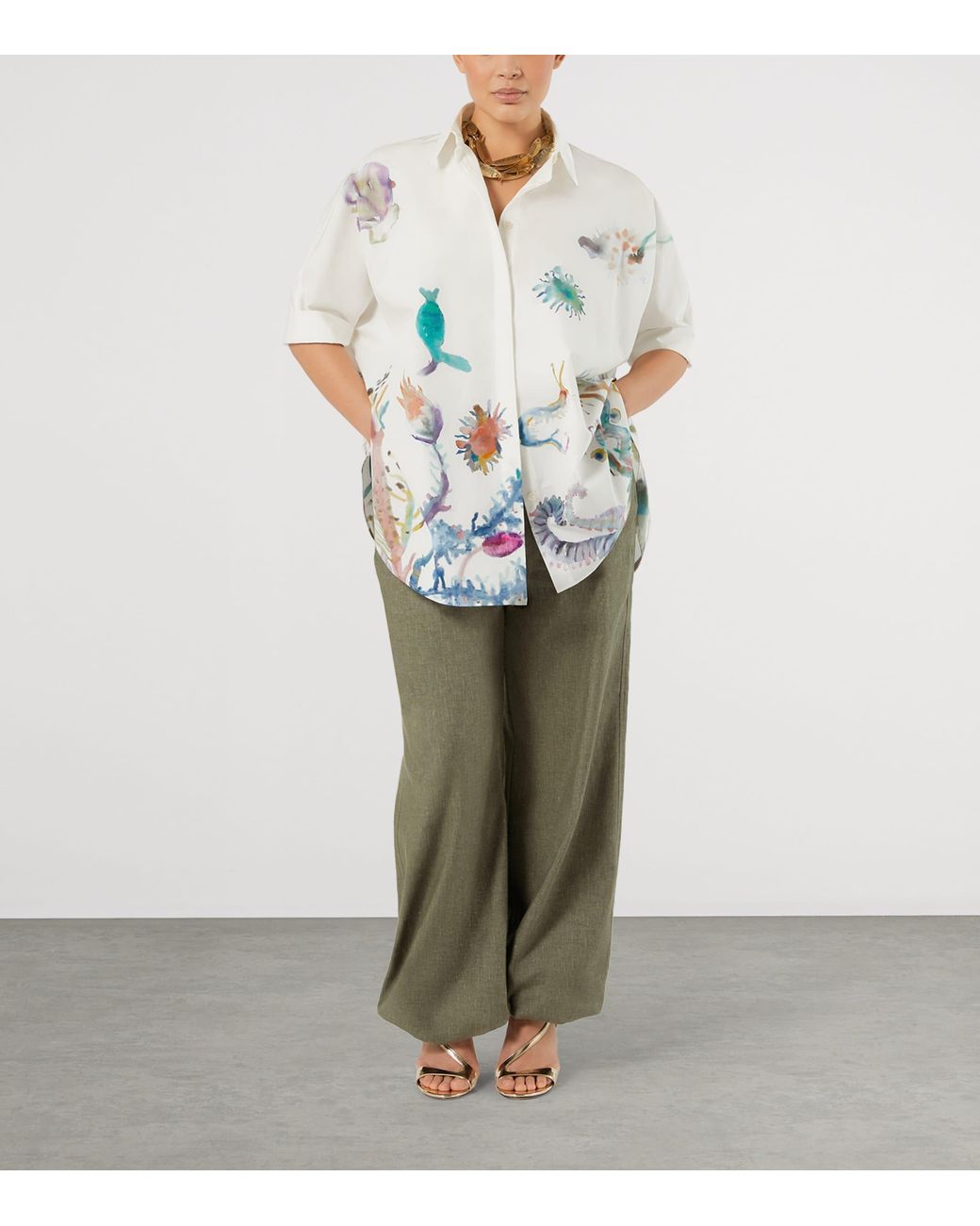 Marina Rinaldi White Cotton Printed Short-Sleeve Shirt
