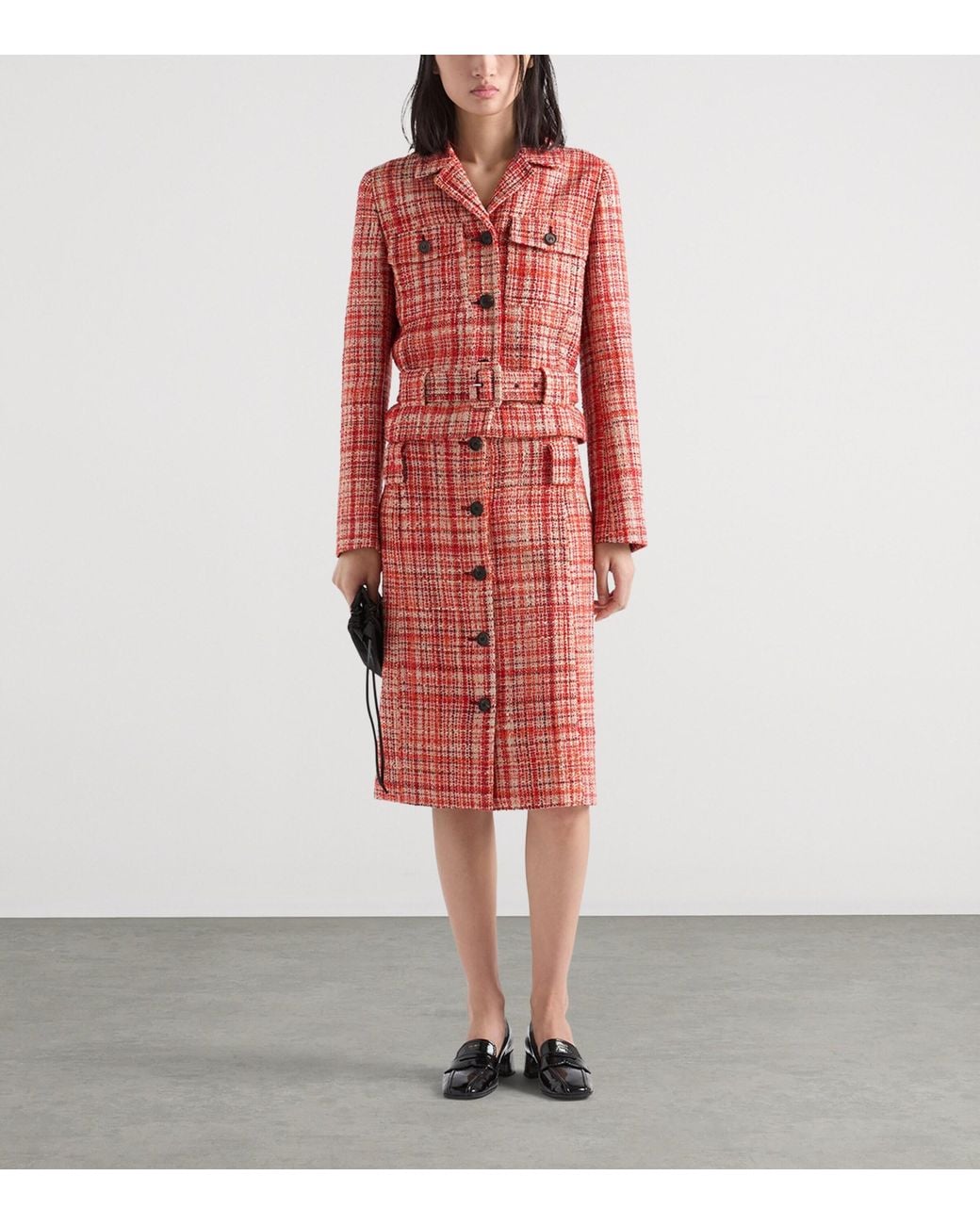 Prada Red Tweed Belted Midi Skirt
