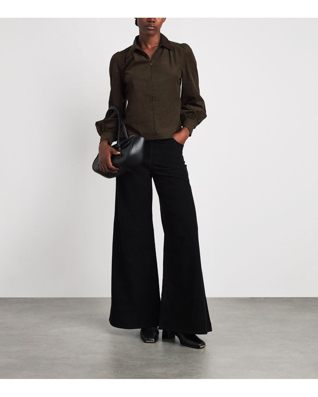 ME+EM Brown Corduroy Zip-Neck Blouse