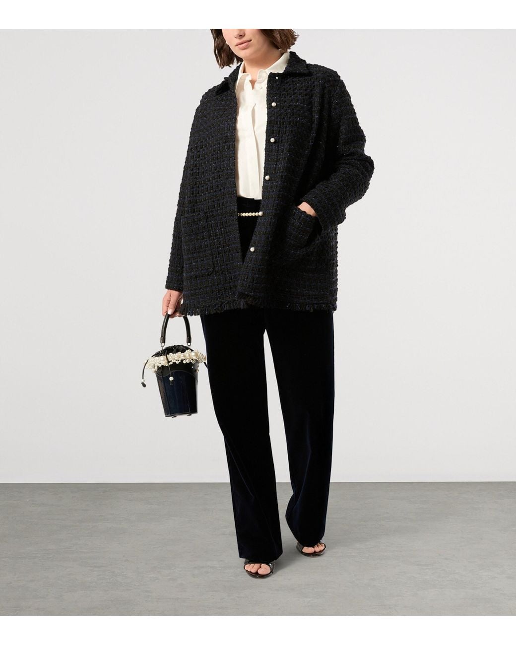 Marina Rinaldi Black Faux Pearl-Trim Bucket Bag