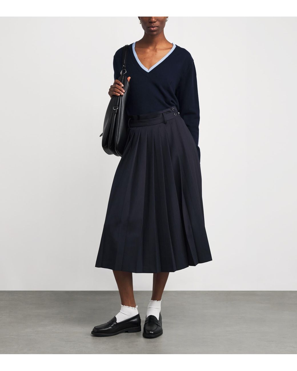 Sandro Blue Wool-Blend Pleated Midi Skirt