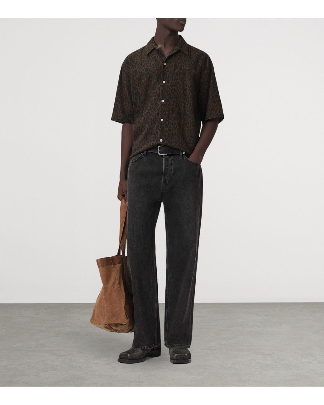 AllSaints Black Organic Cotton-Linen Leopardo Shirt for men