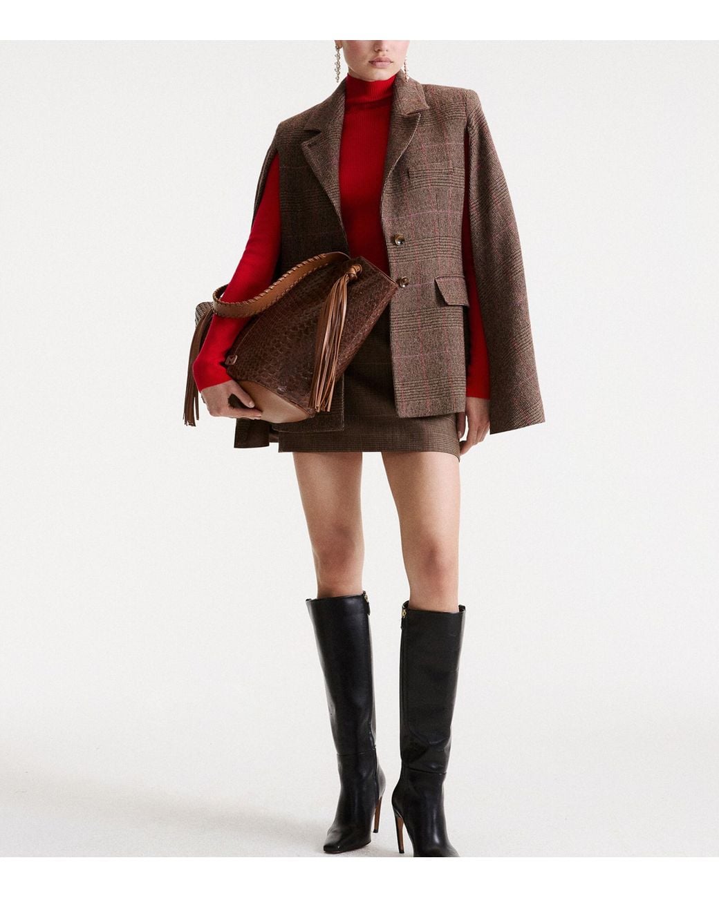 Marella Brown Wool-Blend Check Cape