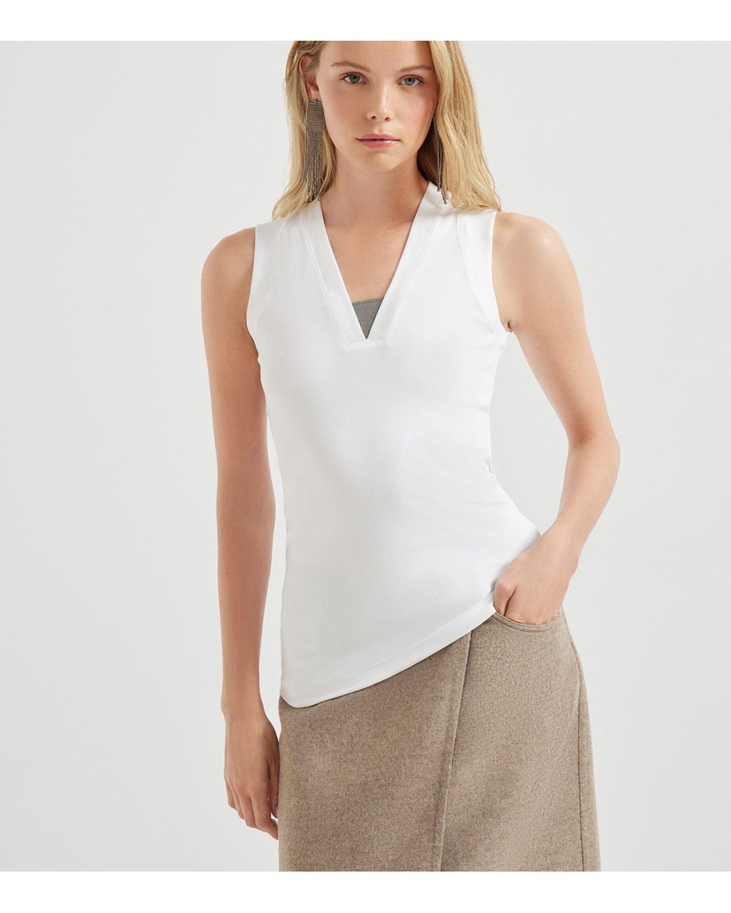 Brunello Cucinelli White Stretch-Cotton Monili Tank Top