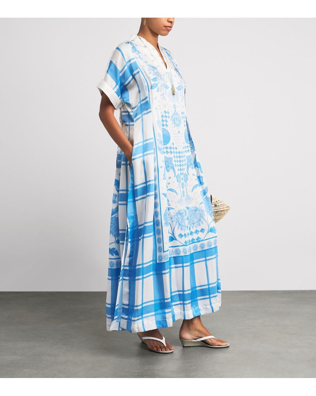 VERANDAH Blue Printed Gingham Kaftan Maxi Dress