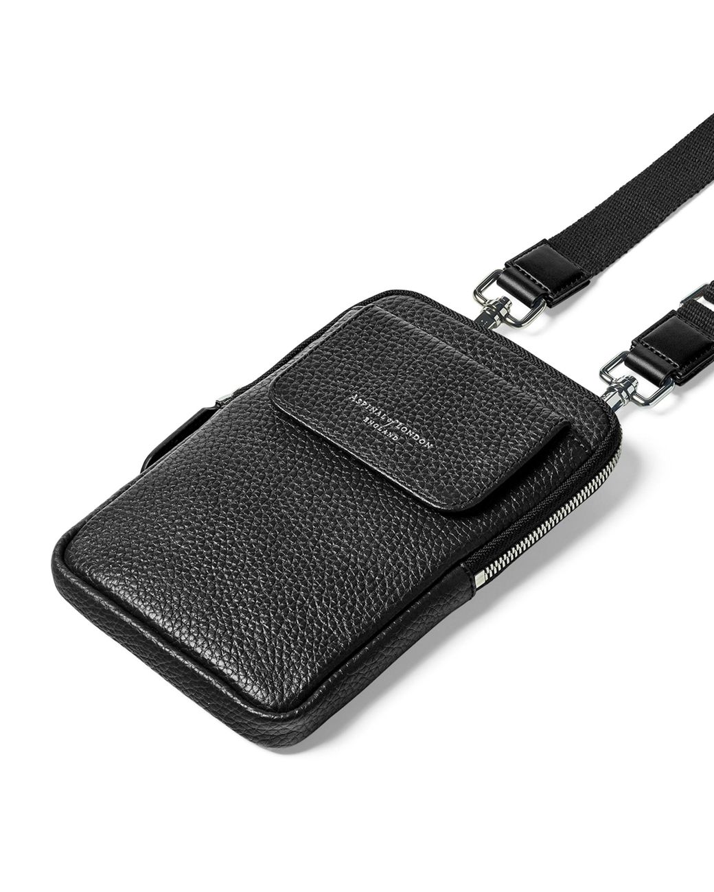 Aspinal Black Leather Cross-Body Phone Pouch for men