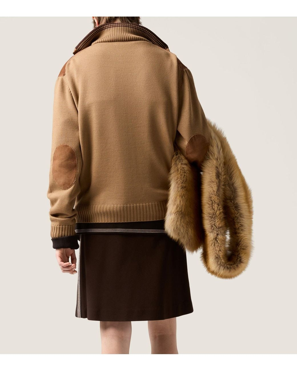 Miu Miu Brown Wool-Leather Zip Cardigan