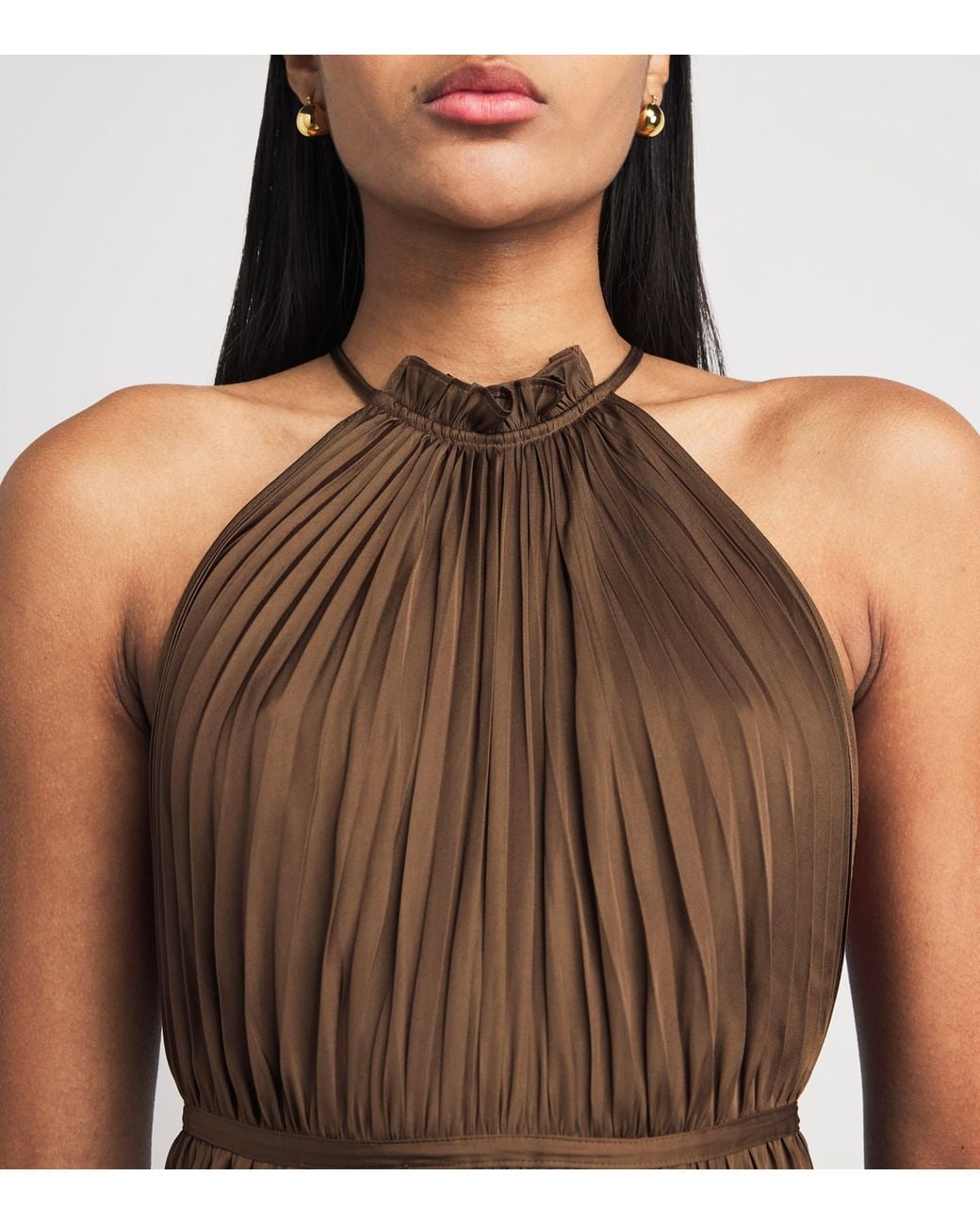 Maje Brown Satin Pleated Maxi Dress