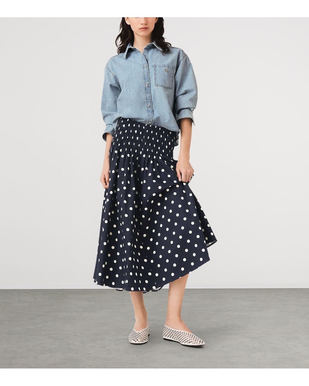 Maje Blue Cotton Polka-Dot Maxi Skirt