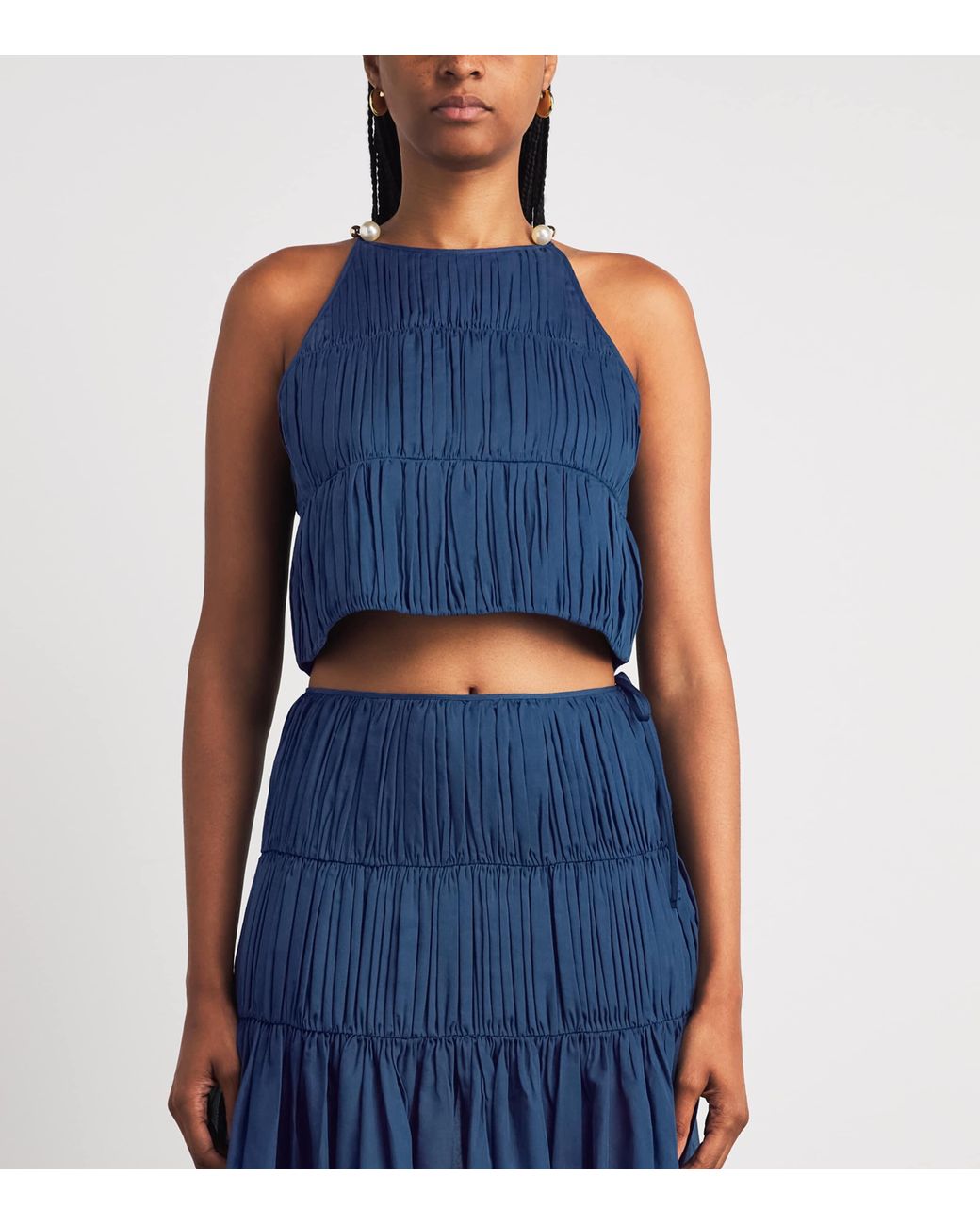 Moré Noir Blue Cotton-Silk Ruched Lea Sleeveless Top