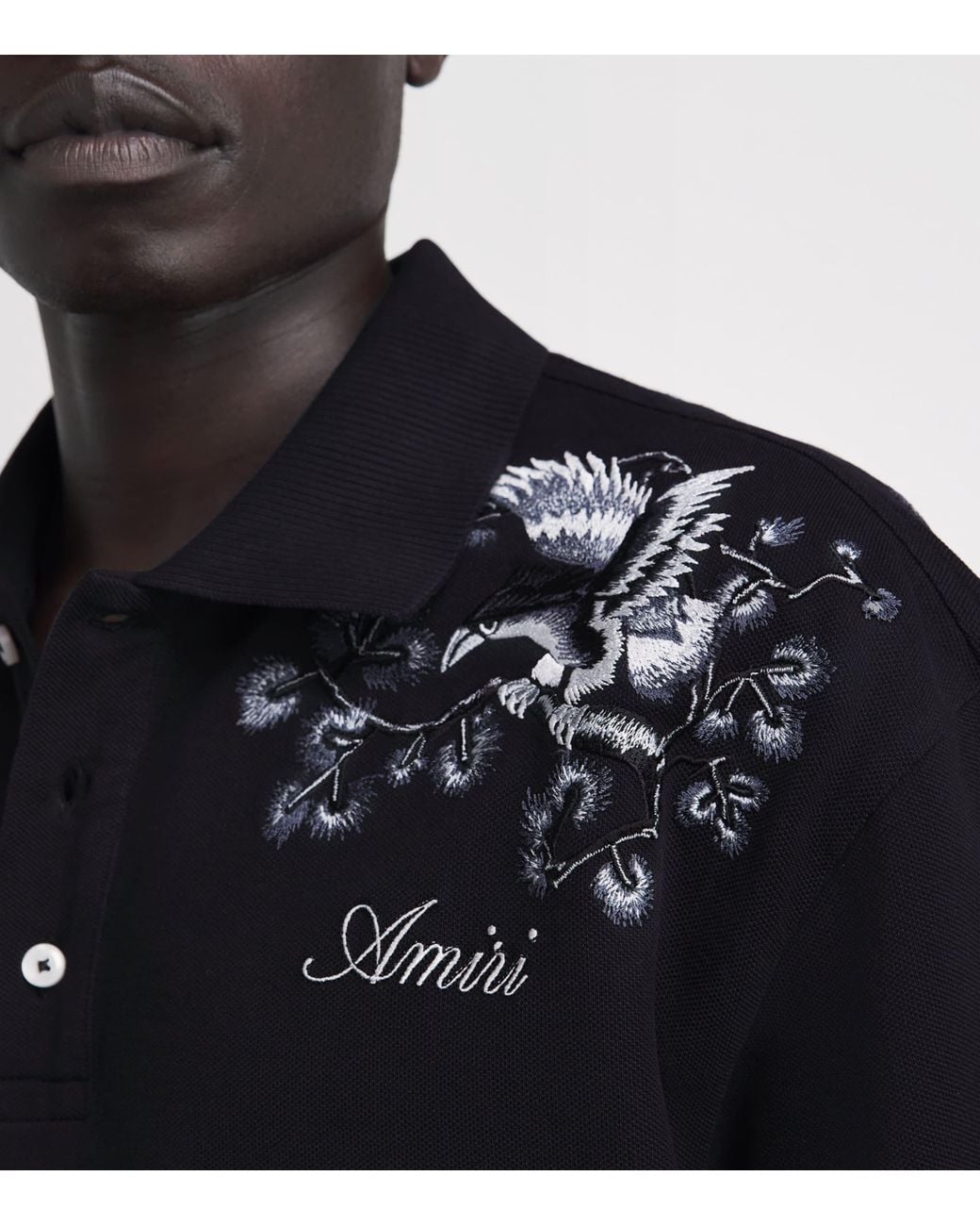 Amiri Black Cotton Floral-Embroidered Polo Shirt for men