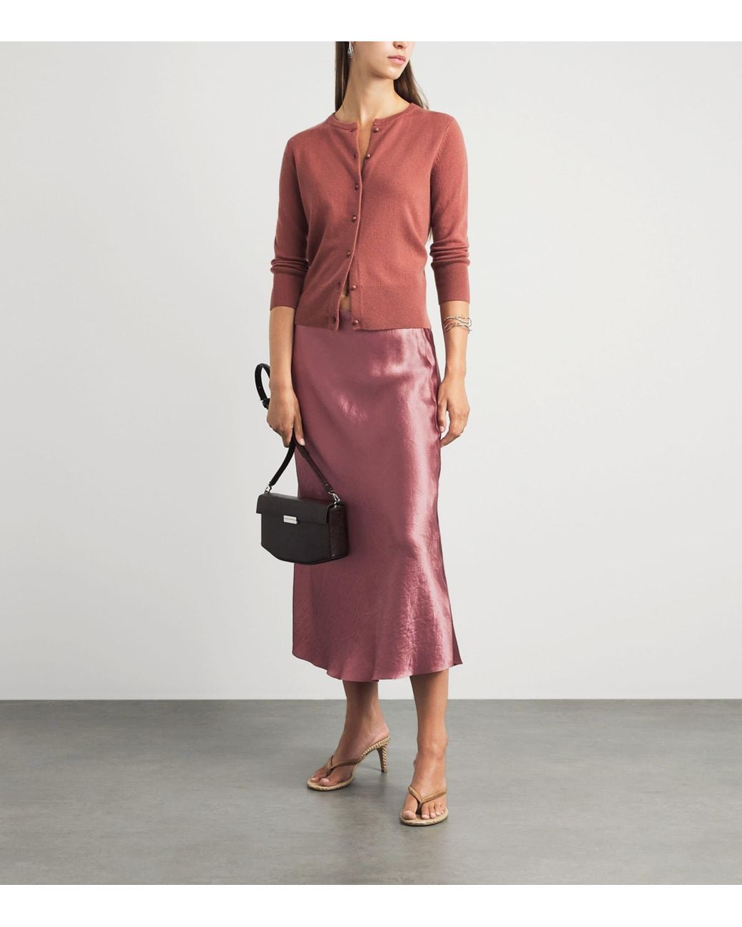 Vince Pink Crinkle Satin Midi Skirt