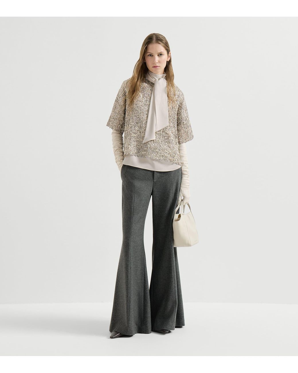 Brunello Cucinelli Gray Wool-Cashmere Flare Tailored Trousers