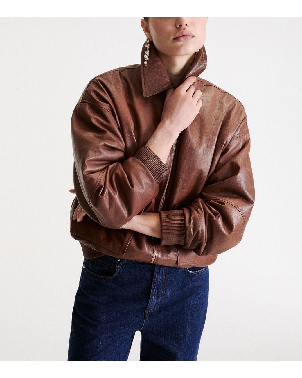 Marella Brown Croc-Embossed Leather Bomber Jacket