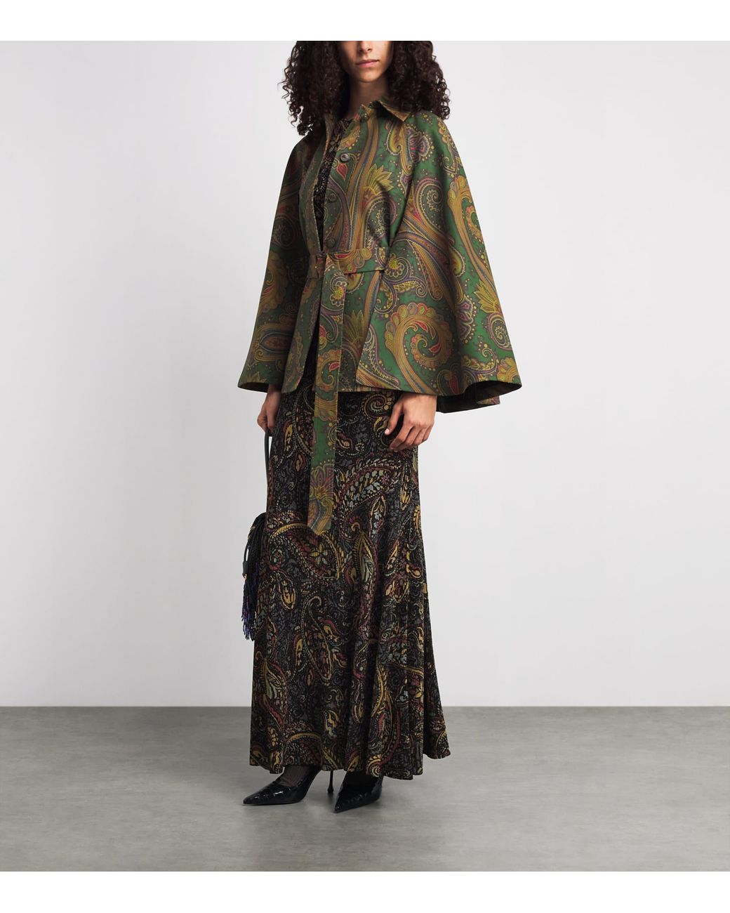 Etro Green Cotton Gabardine Paisley Cape Jacket