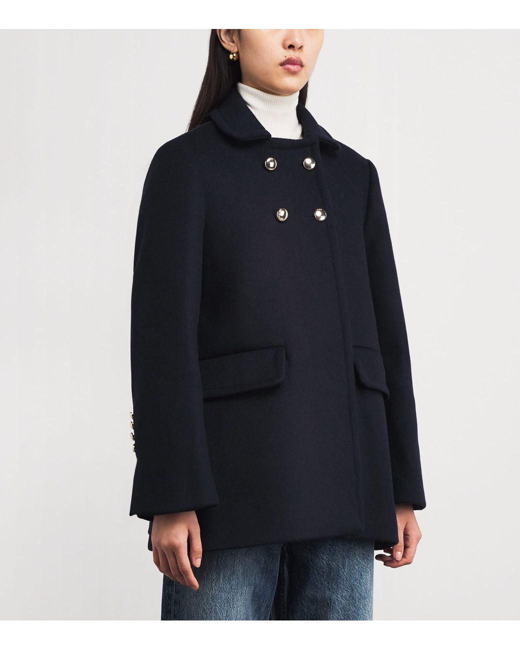 Maje Blue Wool-Blend Double-Breasted Pea Coat