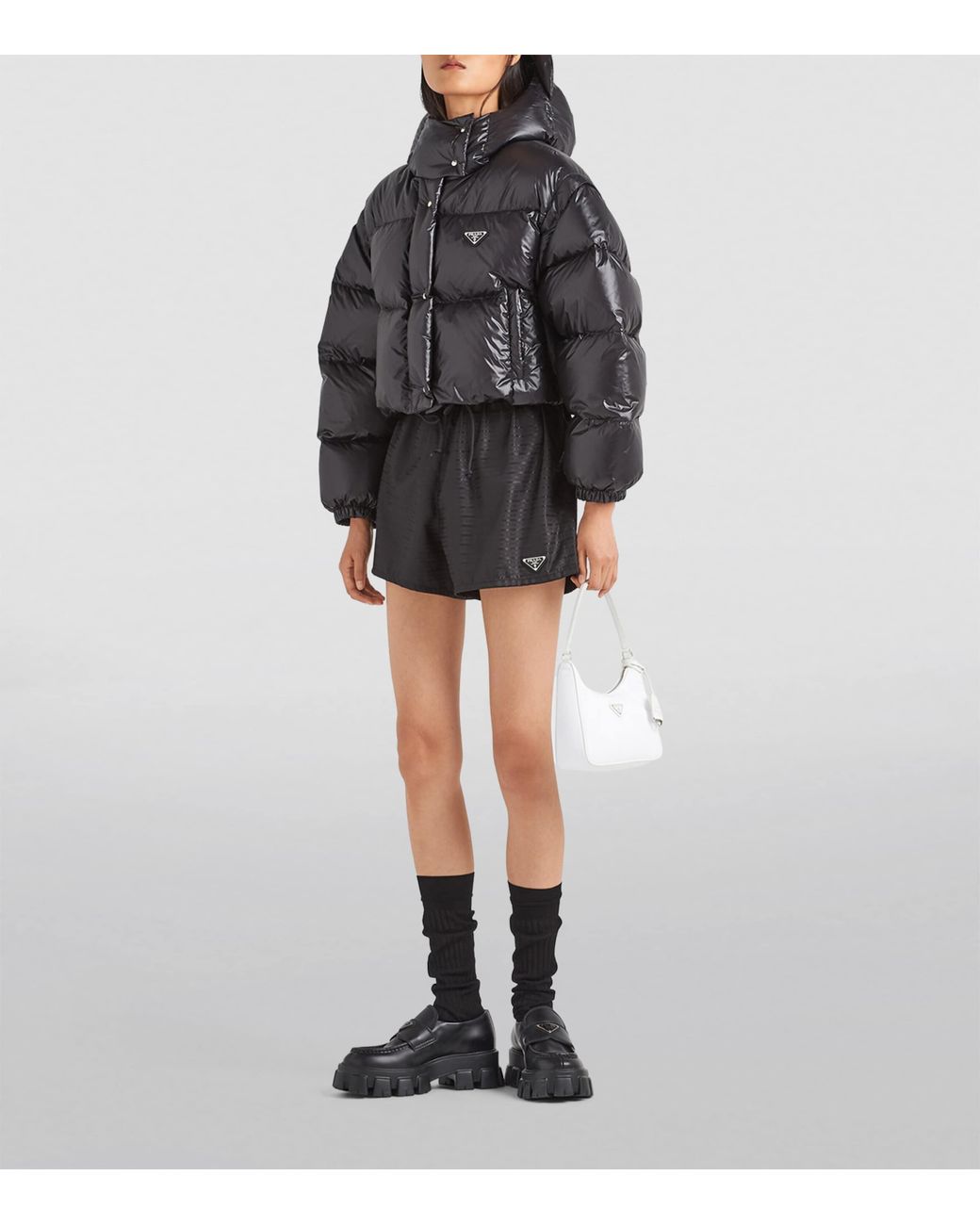 Prada Black Logo-Plaque Padded Cropped Shell-Down Jacket