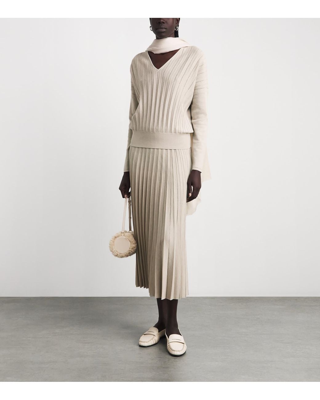 Agnona Natural Plissé V-Neck Sweater